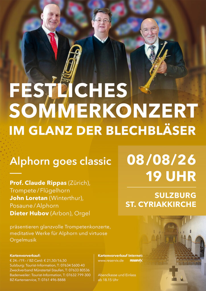 08. August 2026: Alphorn goes classic - Festliches Sommerkonzert im Glanz von Trompete, Posaune/Alphorn und Orgel 